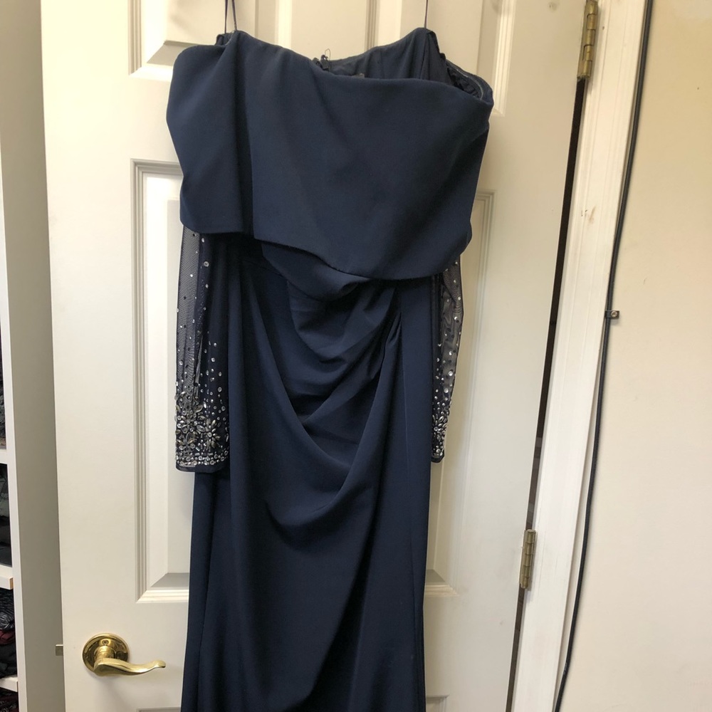 Navy long sleeve off the shoulder dress. Worn once. Size 12. No alterations.